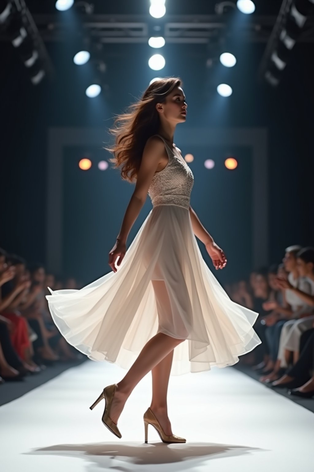 side view of woman striding confidently down a fashion runway, captured mid-twirl, surrounded by flashing camera lights.