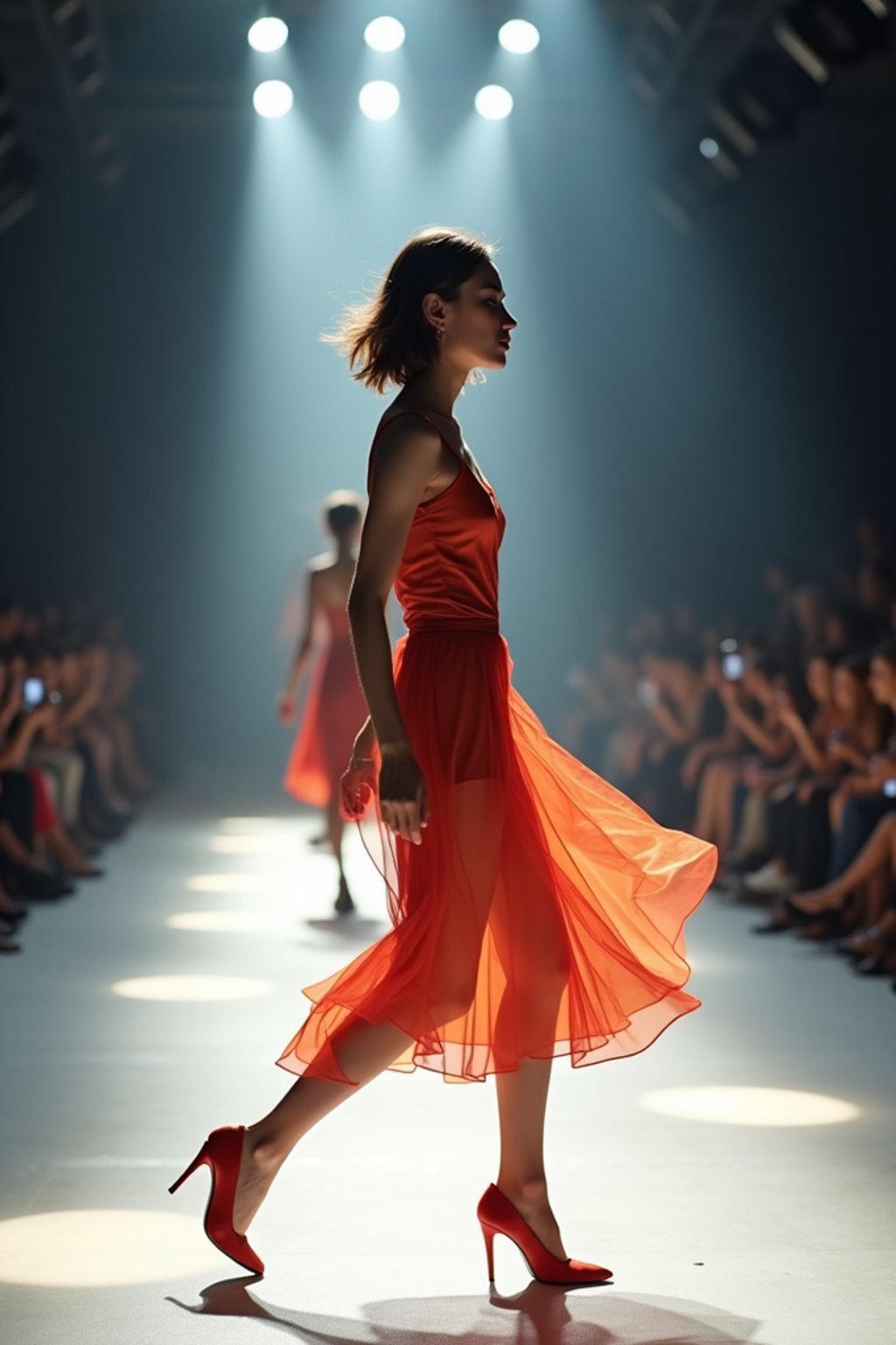 side view of woman striding confidently down a fashion runway, captured mid-twirl, surrounded by flashing camera lights.