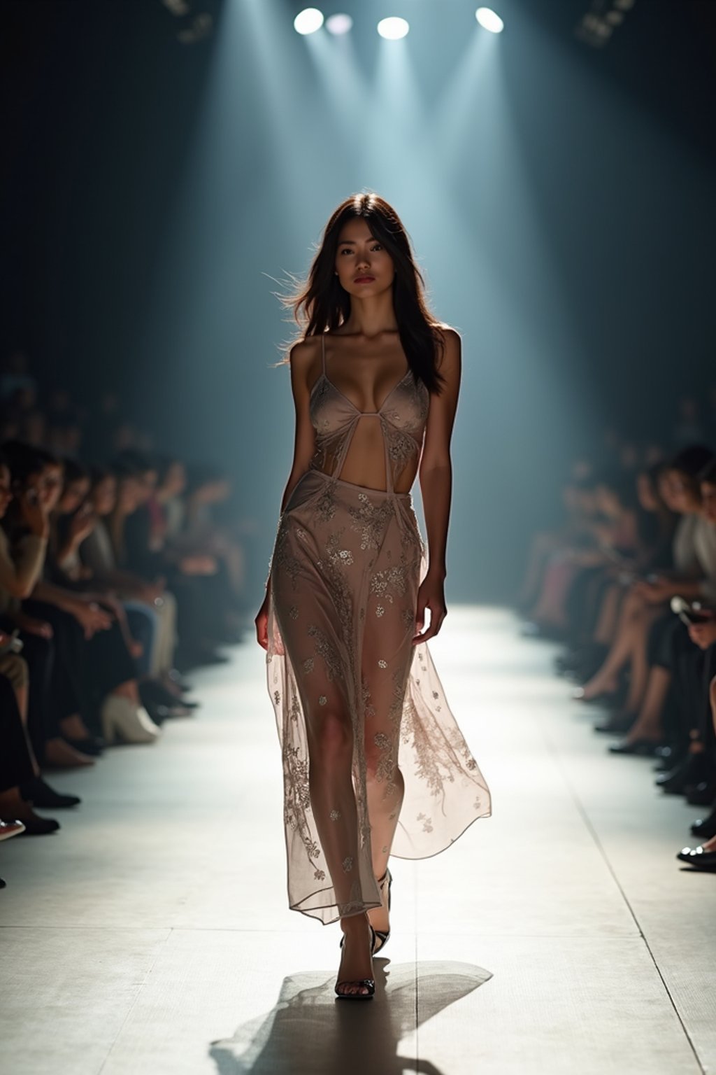 front view of woman striding confidently down a fashion runway, surrounded by flashing camera lights.