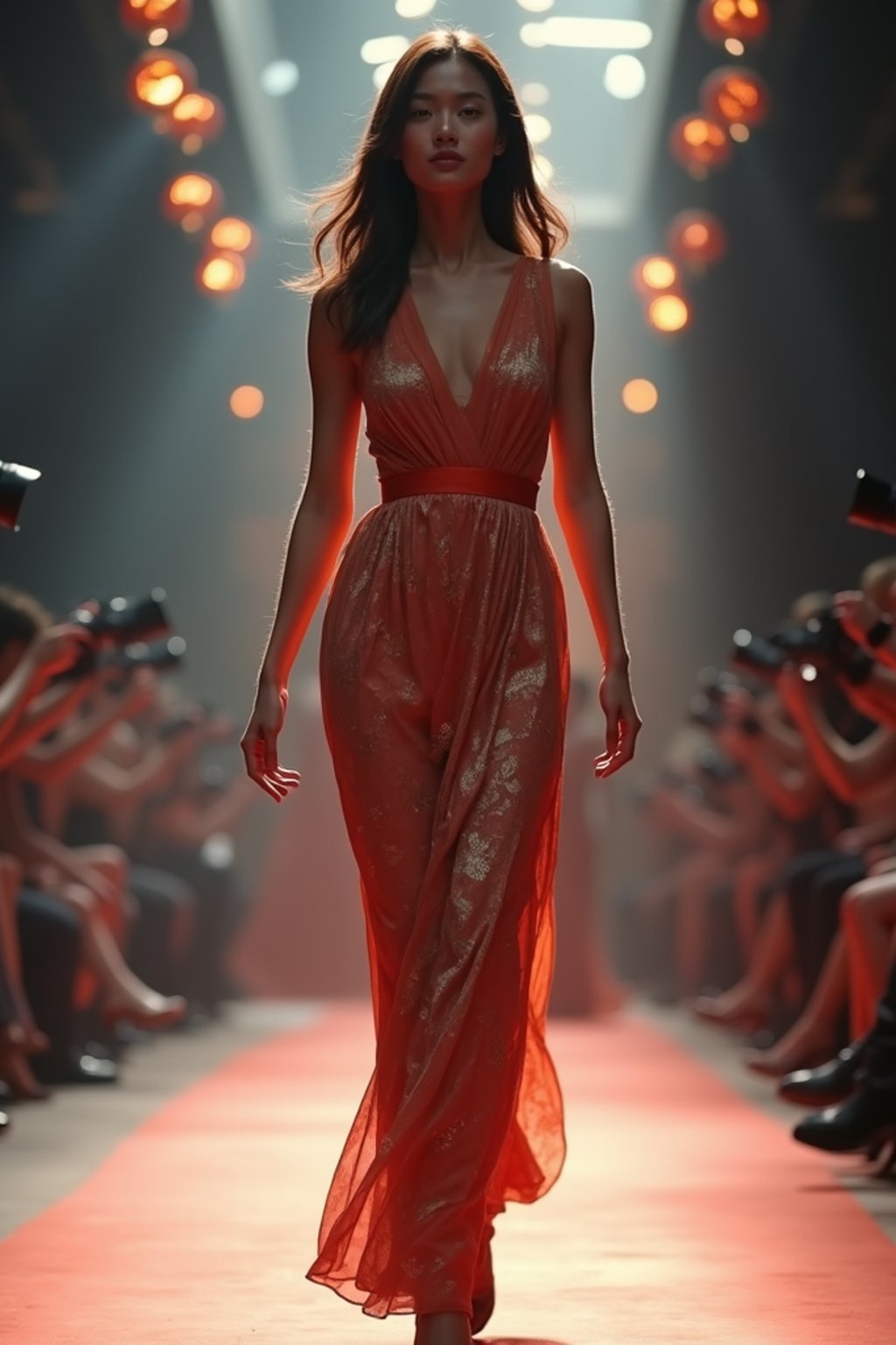 front view of woman striding confidently down a fashion runway, surrounded by flashing camera lights.