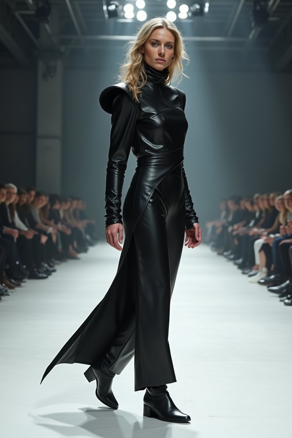 side view of woman walking on a fashion runway in an industrial space, showcasing a futuristic outfit with sharp lines