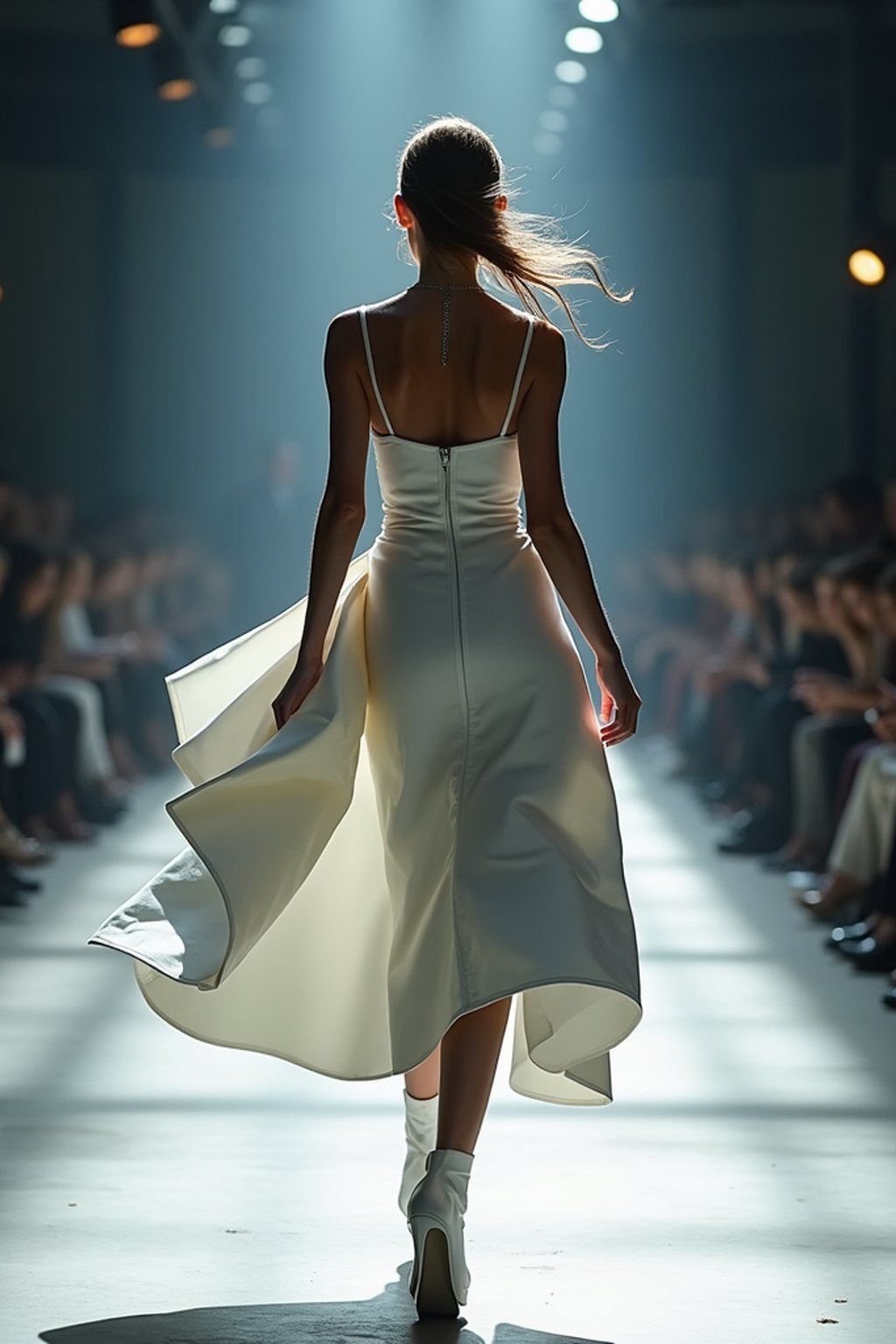 back view of woman walking on a fashion runway in an industrial space, captured mid-twirl, showcasing a futuristic outfit with sharp lines