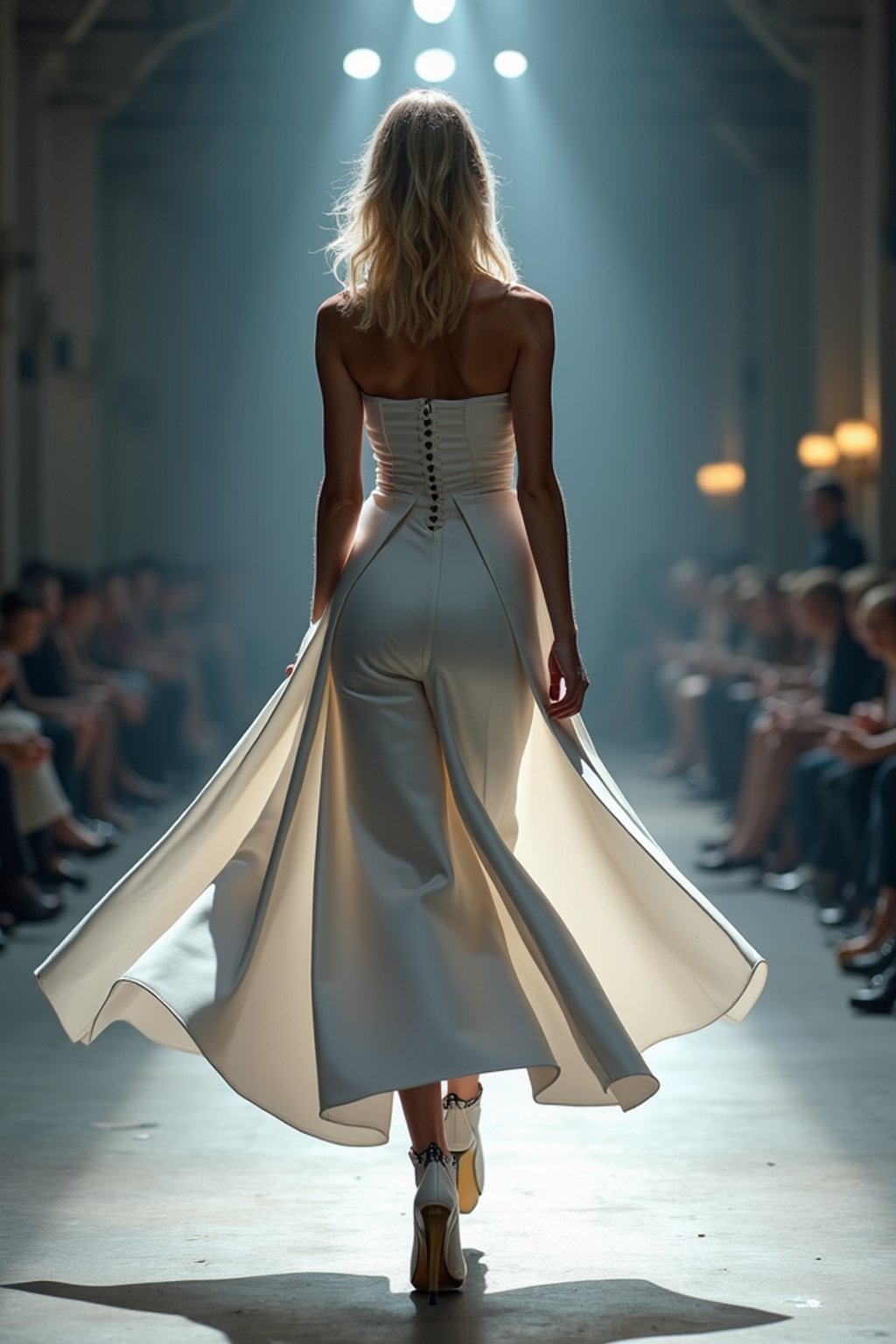 back view of woman walking on a fashion runway in an industrial space, captured mid-twirl, showcasing a futuristic outfit with sharp lines