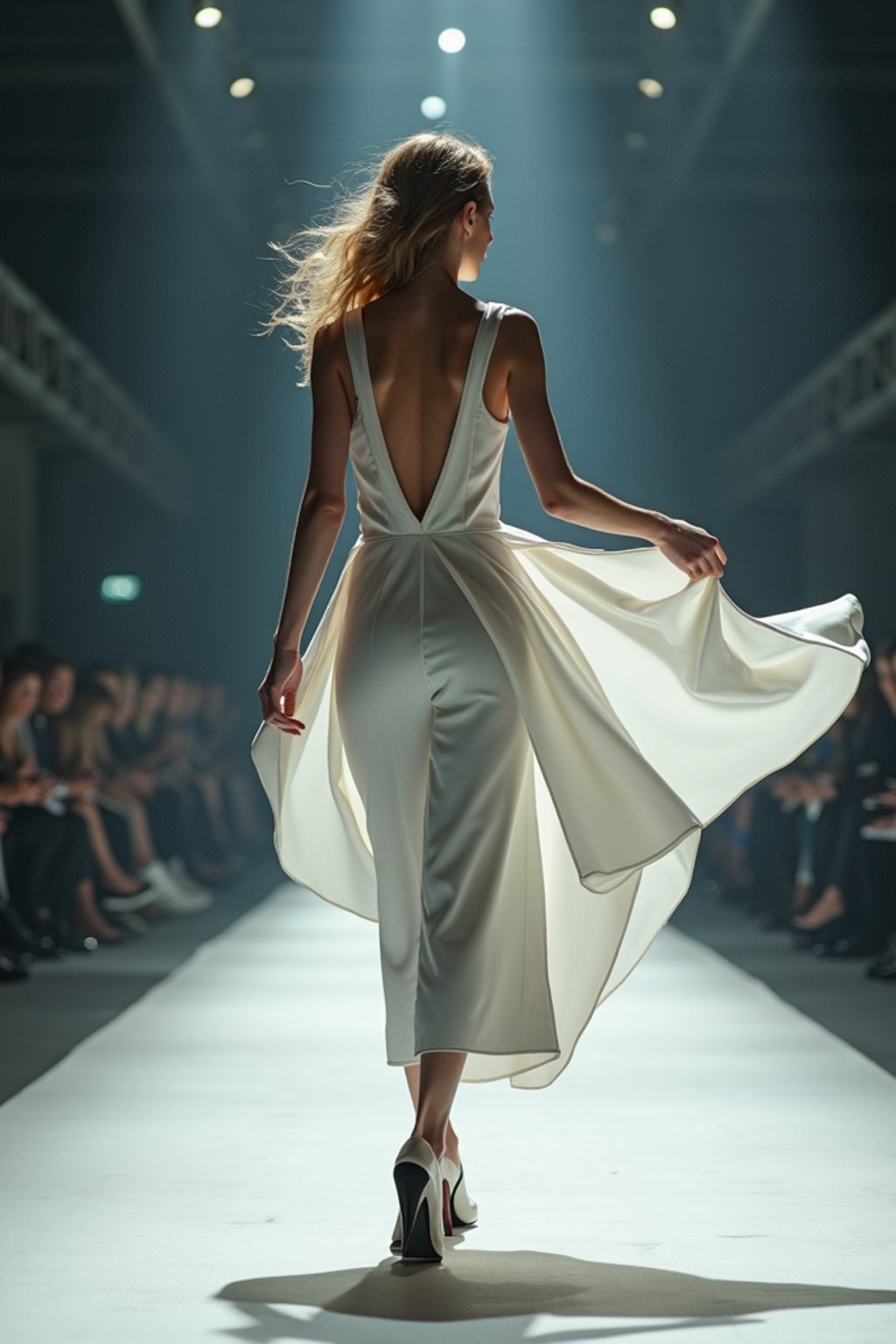 back view of woman walking on a fashion runway in an industrial space, captured mid-twirl, showcasing a futuristic outfit with sharp lines