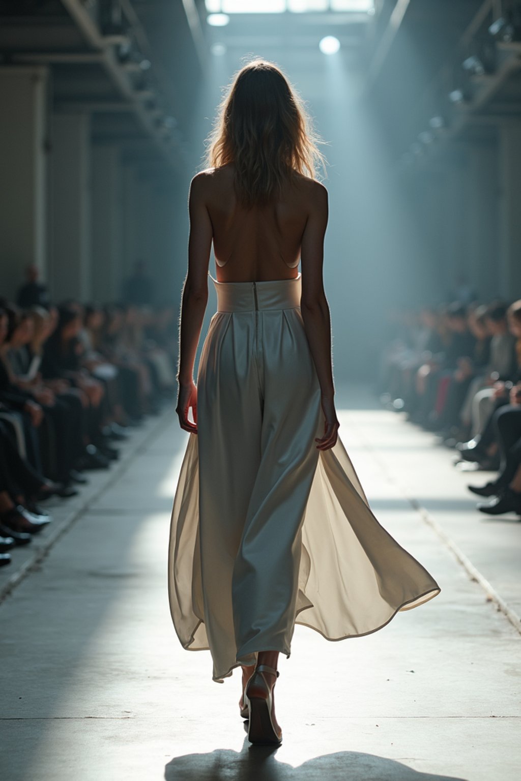 back view of woman walking on a fashion runway in an industrial space, captured mid-twirl, showcasing a futuristic outfit with sharp lines