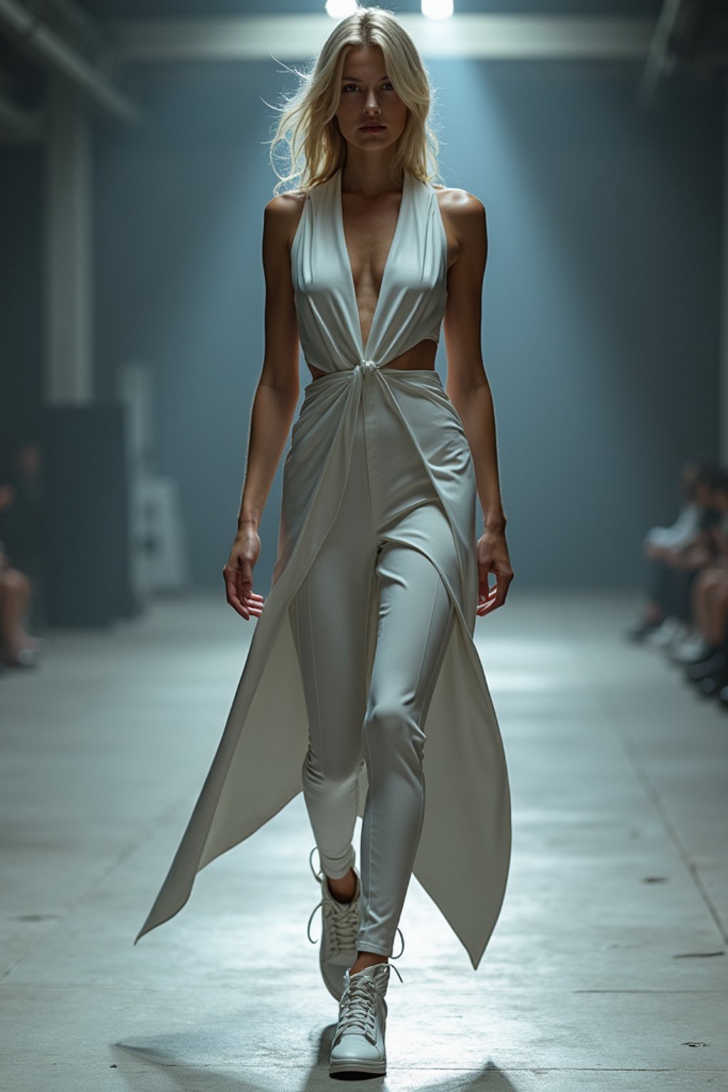 front view of woman walking on a fashion runway in an industrial space, showcasing a futuristic outfit with sharp lines