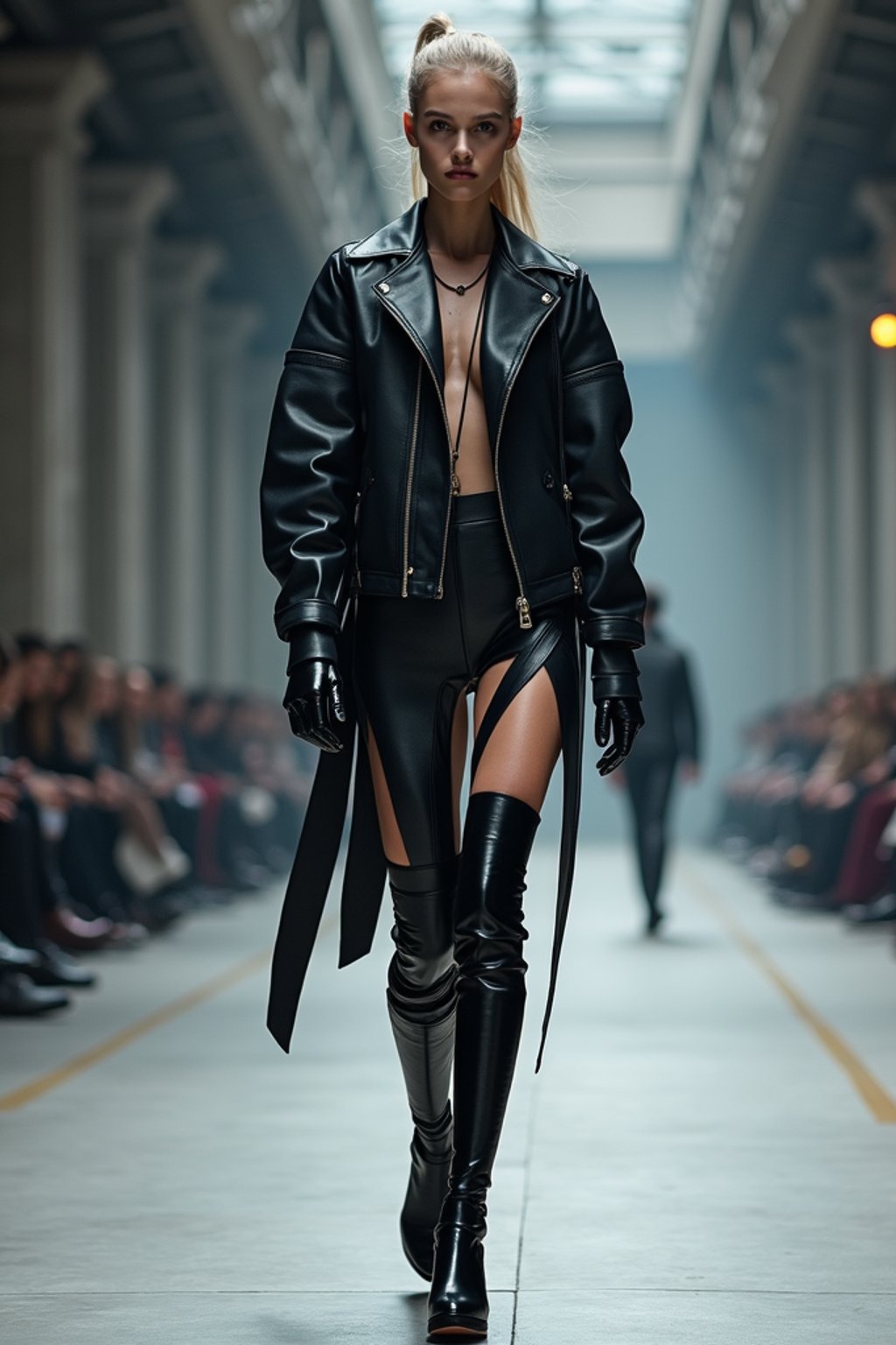 front view of woman walking on a fashion runway in an industrial space, showcasing a futuristic outfit with sharp lines