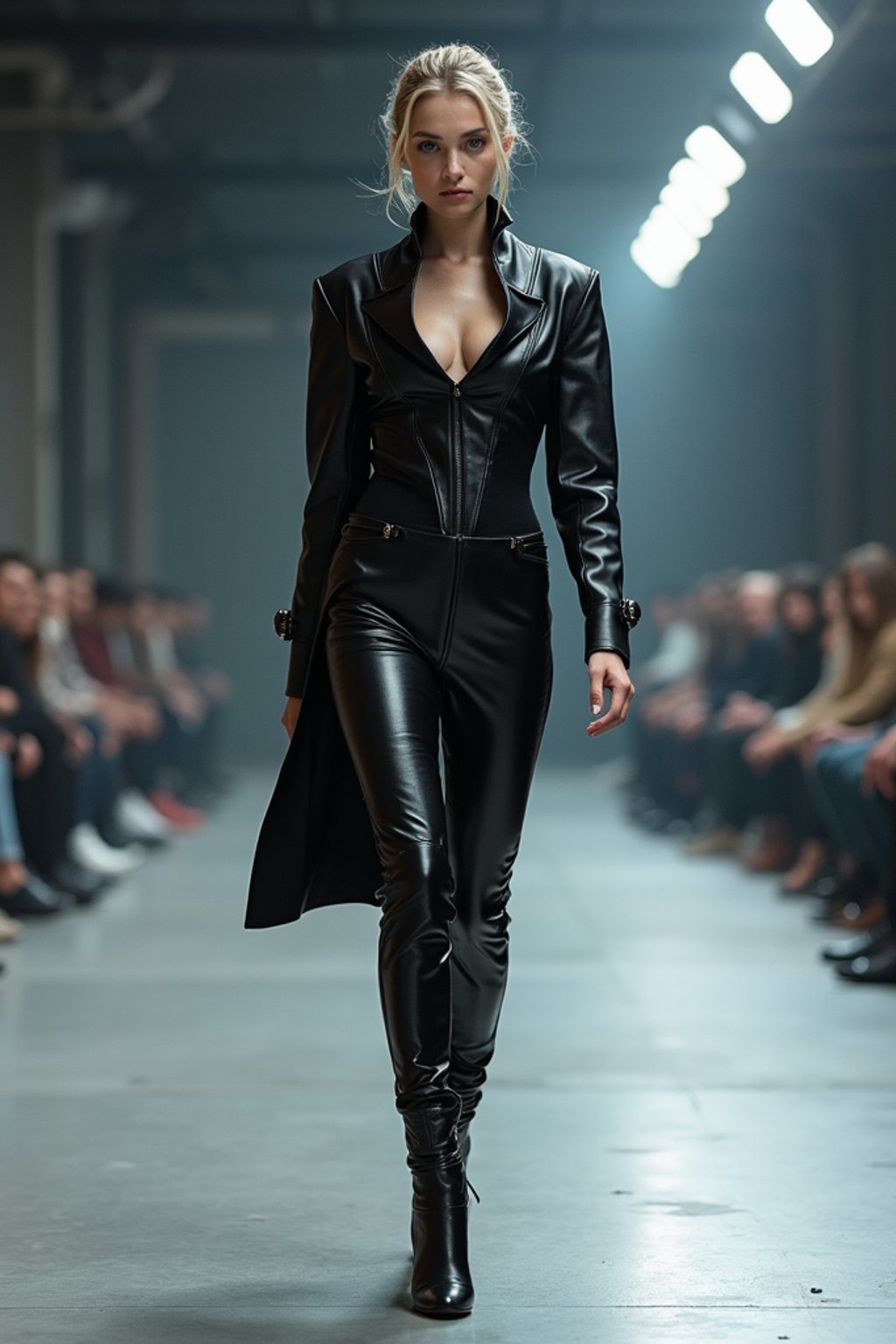 front view of woman walking on a fashion runway in an industrial space, showcasing a futuristic outfit with sharp lines