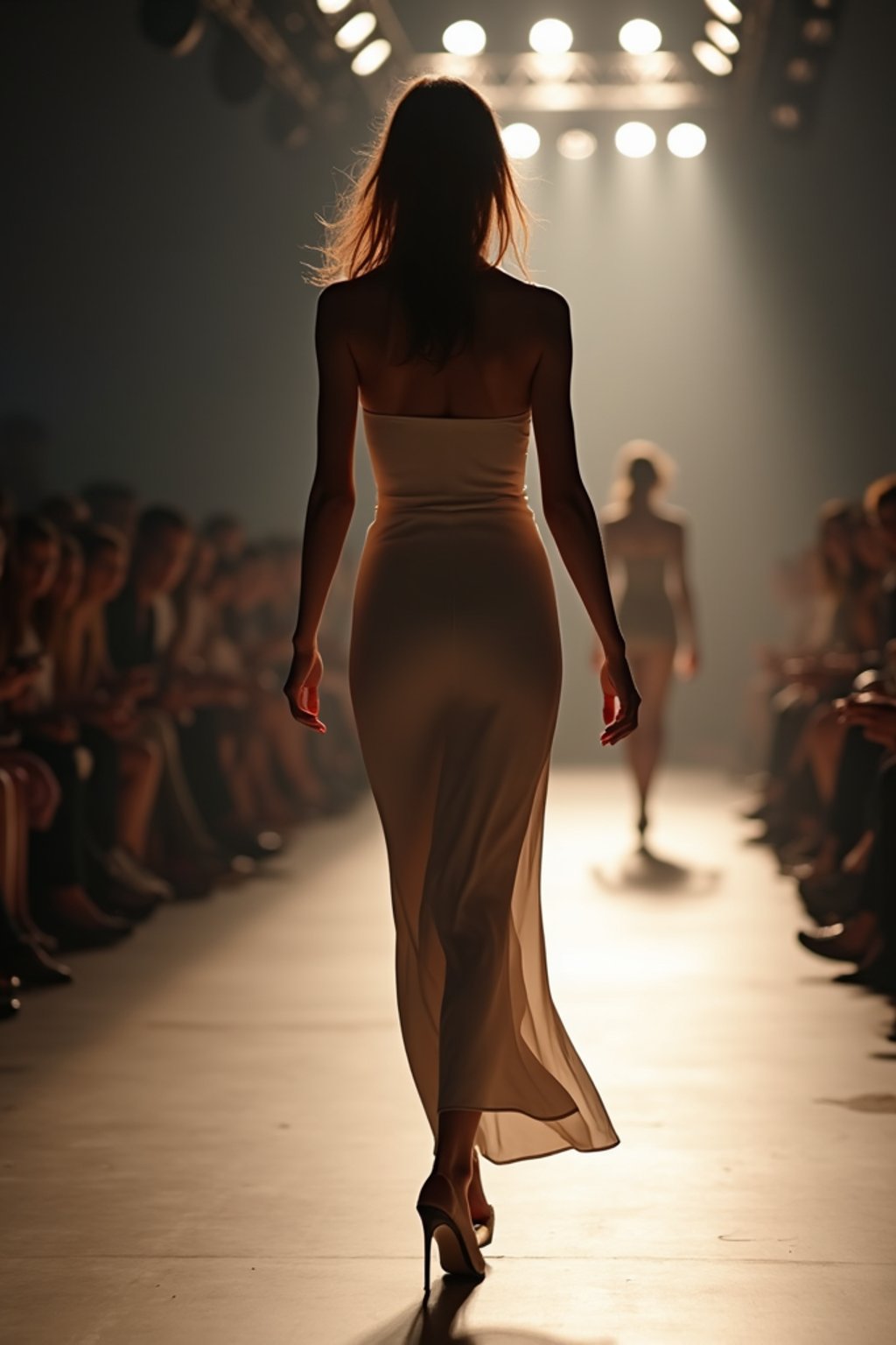 back view of woman striding confidently down a fashion runway, surrounded by flashing camera lights.