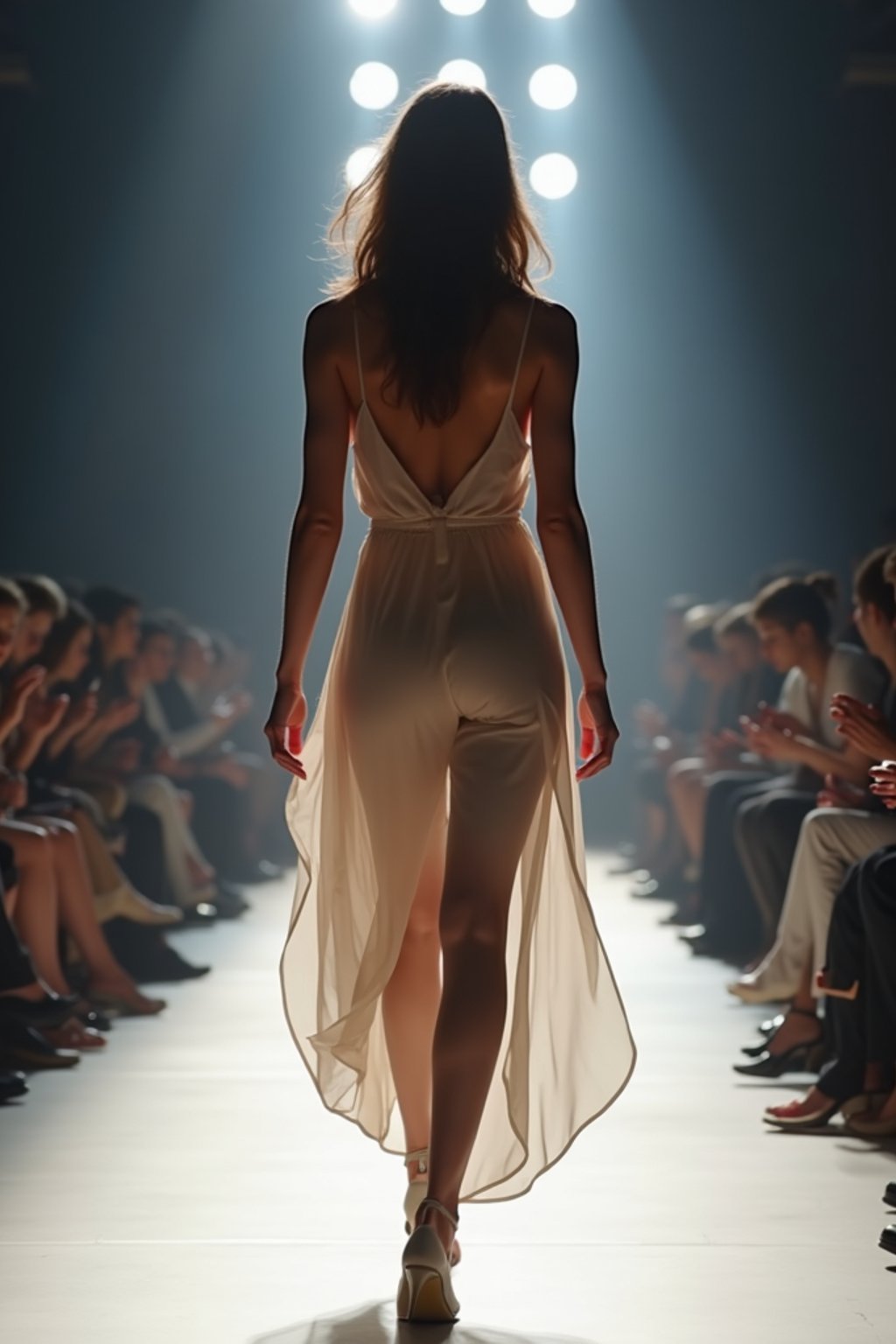 back view of woman striding confidently down a fashion runway, surrounded by flashing camera lights.