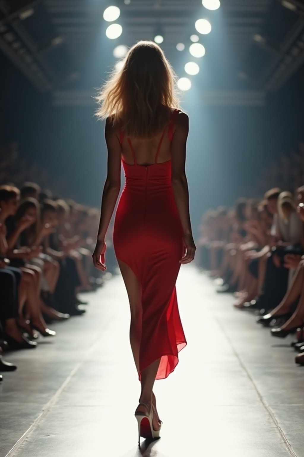 back view of woman striding confidently down a fashion runway, surrounded by flashing camera lights.