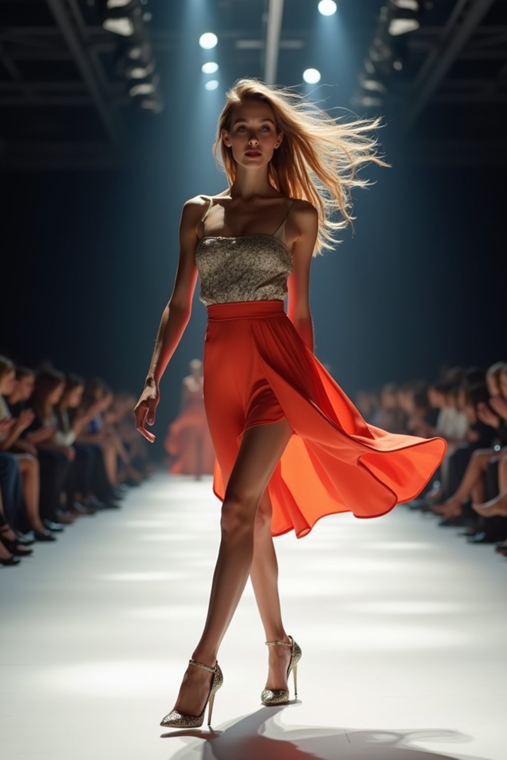 side view of woman striding confidently down a fashion runway, captured mid-twirl, surrounded by flashing camera lights.