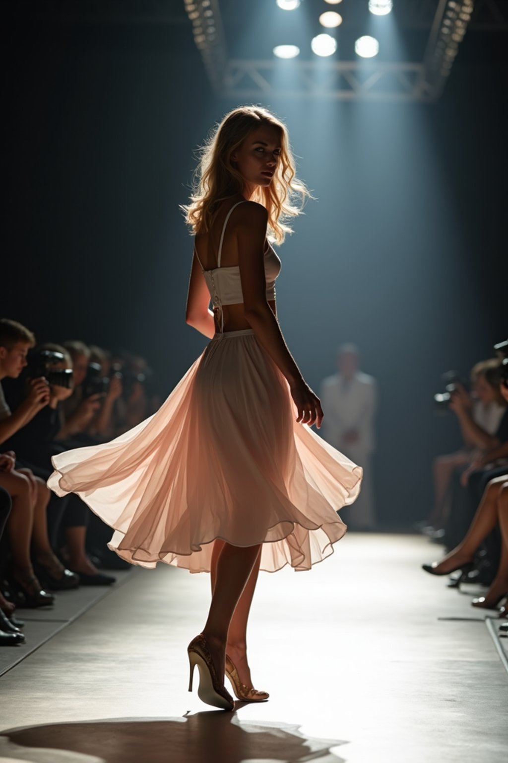 side view of woman striding confidently down a fashion runway, captured mid-twirl, surrounded by flashing camera lights.