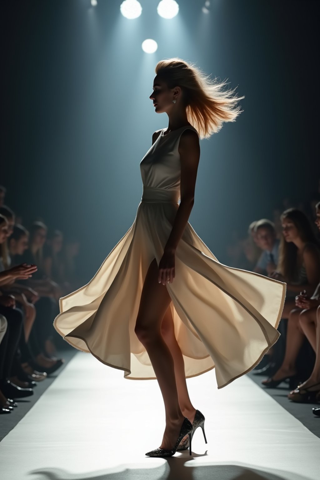 side view of woman striding confidently down a fashion runway, captured mid-twirl, surrounded by flashing camera lights.