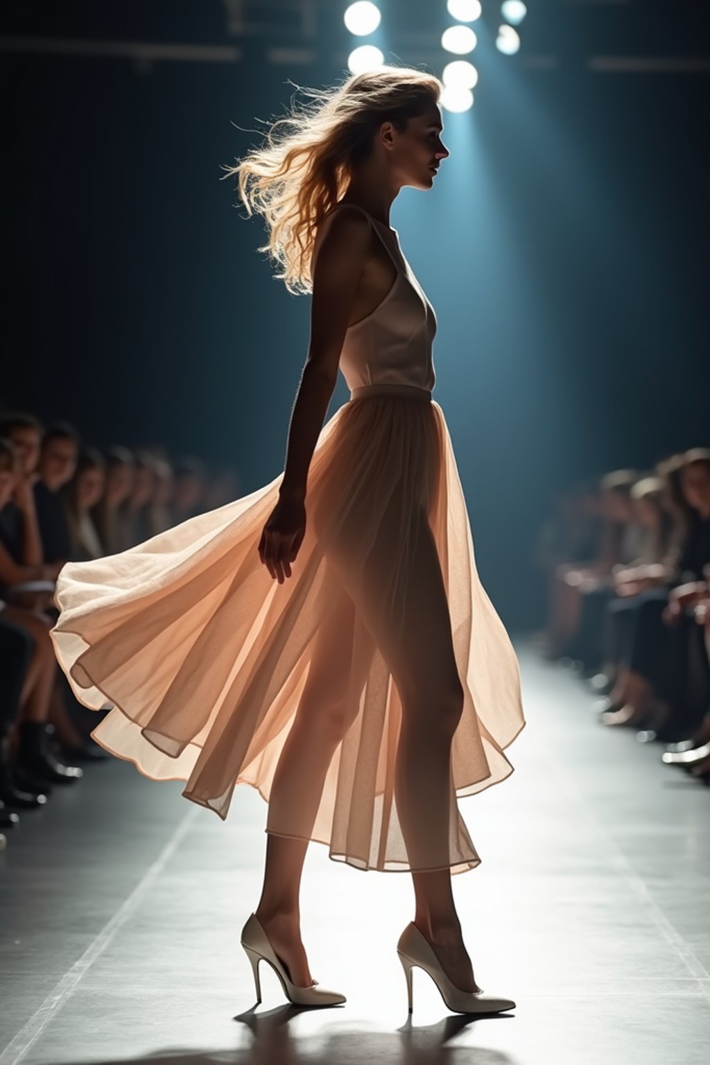 side view of woman striding confidently down a fashion runway, captured mid-twirl, surrounded by flashing camera lights.