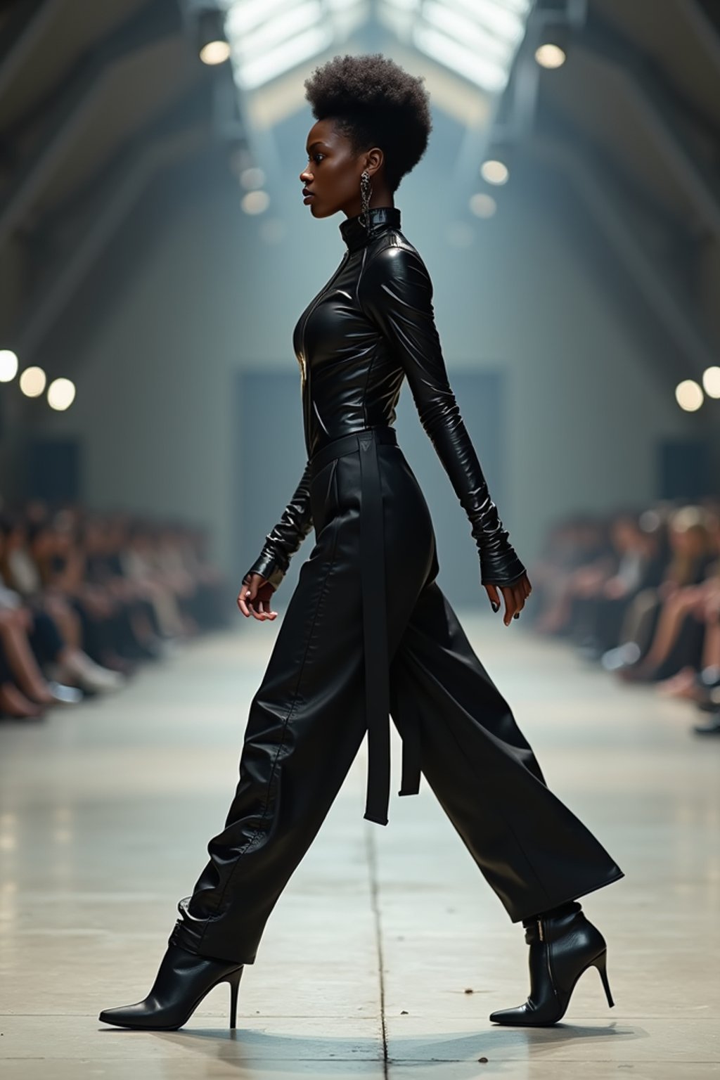 side view of woman walking on a fashion runway in an industrial space, showcasing a futuristic outfit with sharp lines