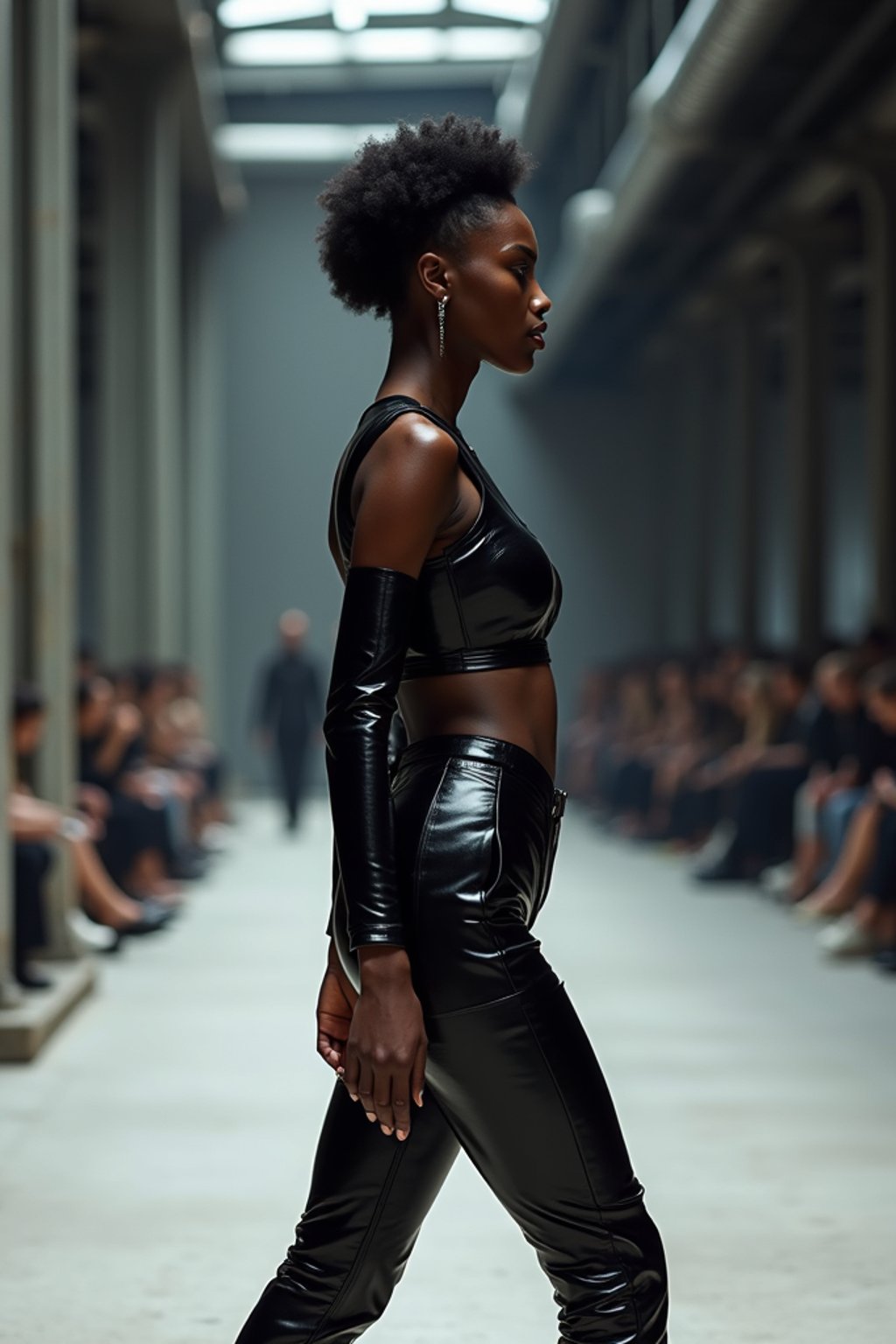 side view of woman walking on a fashion runway in an industrial space, showcasing a futuristic outfit with sharp lines