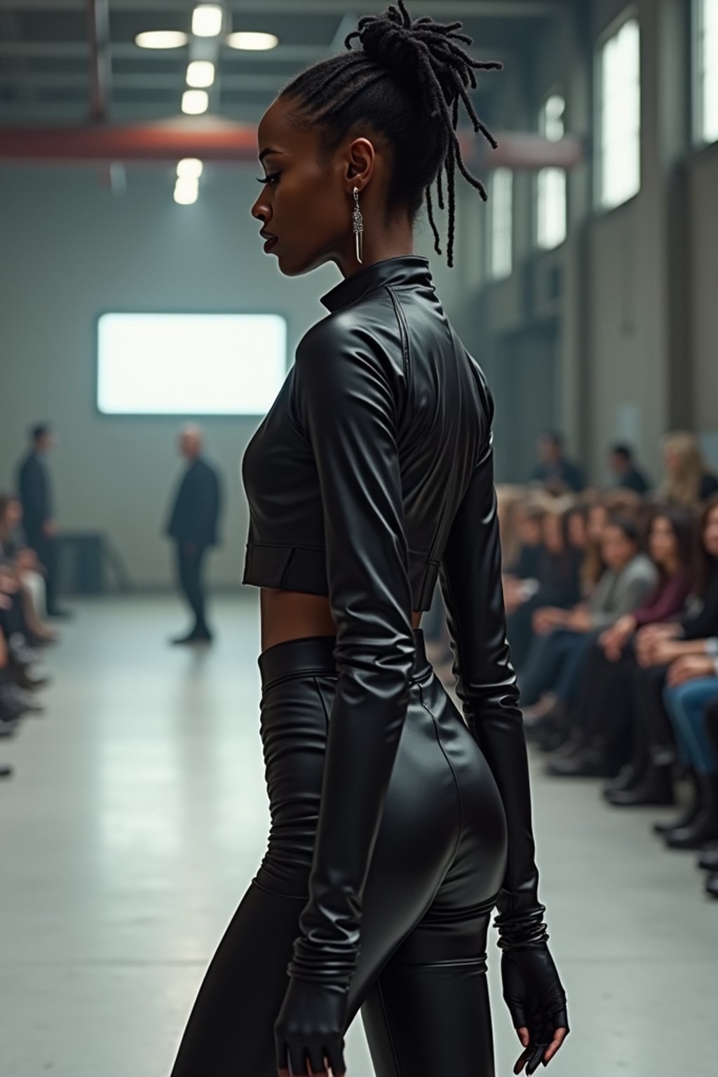 side view of woman walking on a fashion runway in an industrial space, showcasing a futuristic outfit with sharp lines