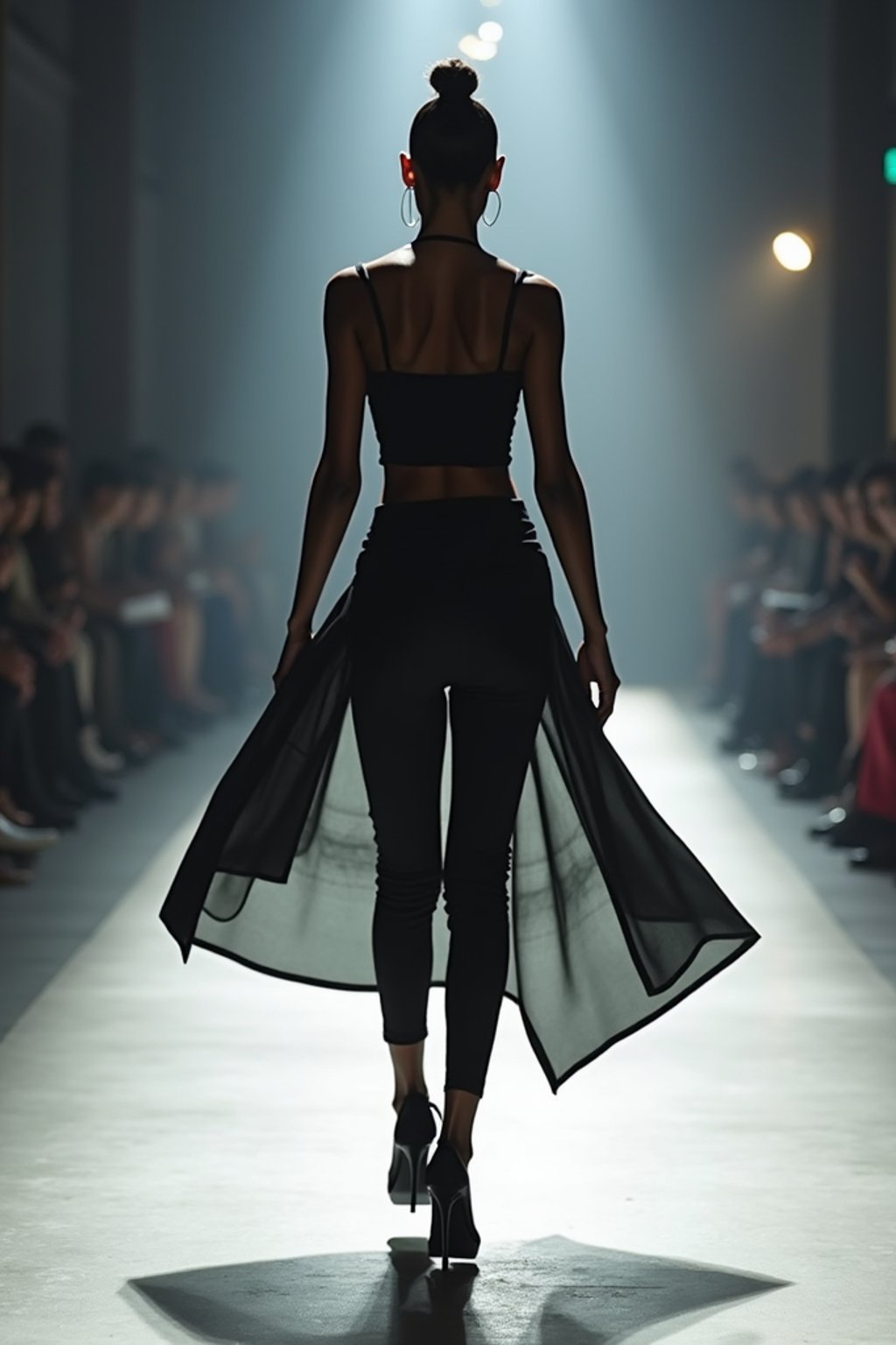 back view of woman walking on a fashion runway in an industrial space, captured mid-twirl, showcasing a futuristic outfit with sharp lines