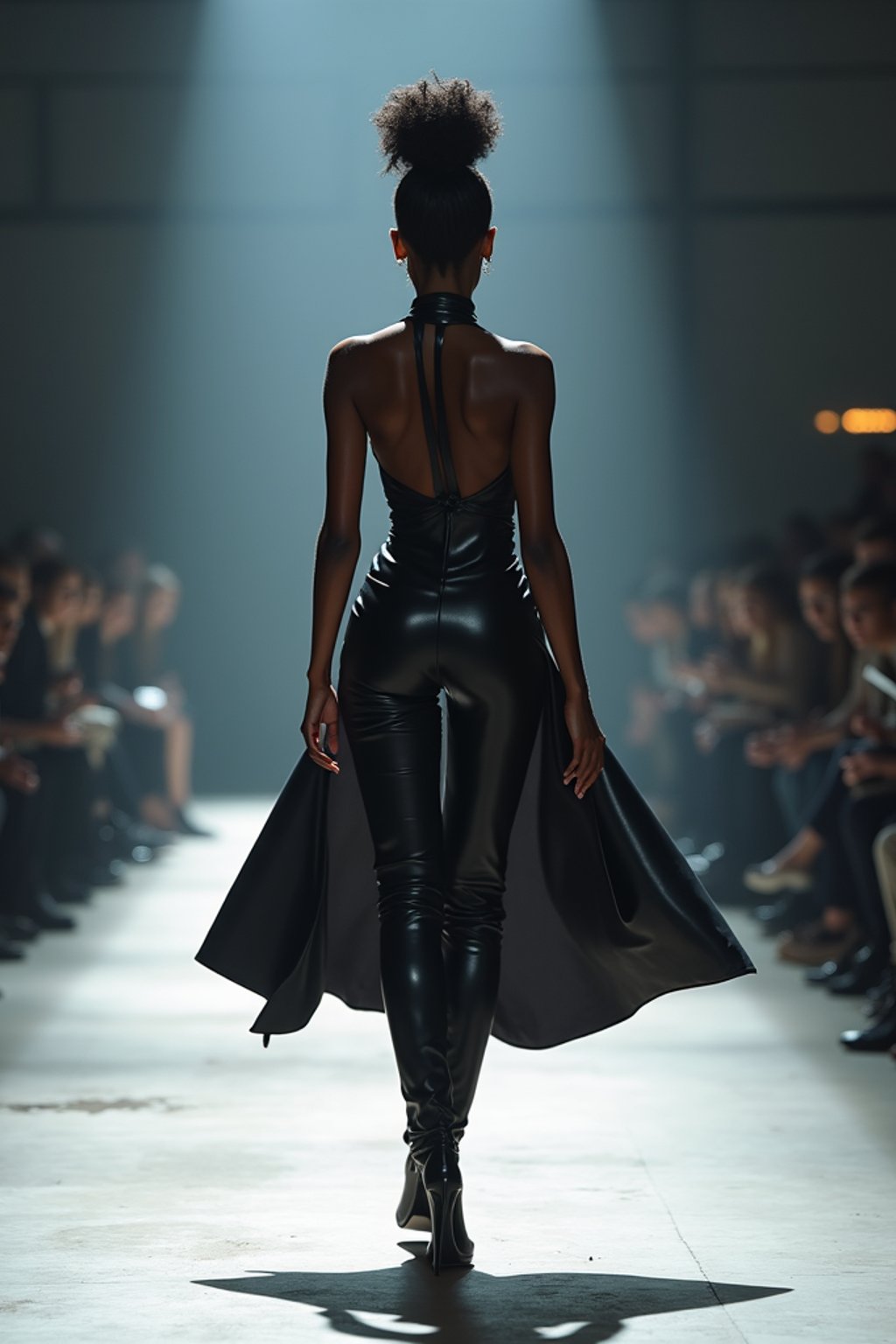 back view of woman walking on a fashion runway in an industrial space, captured mid-twirl, showcasing a futuristic outfit with sharp lines