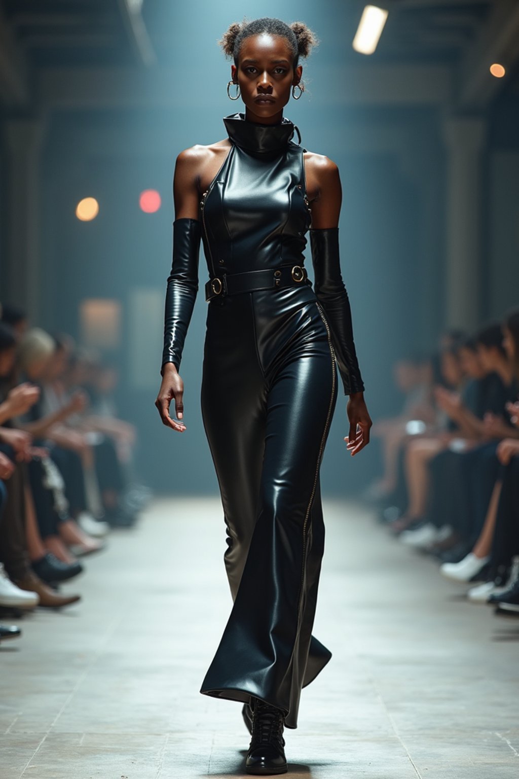 front view of woman walking on a fashion runway in an industrial space, showcasing a futuristic outfit with sharp lines