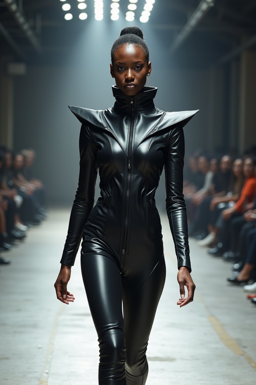 front view of woman walking on a fashion runway in an industrial space, showcasing a futuristic outfit with sharp lines