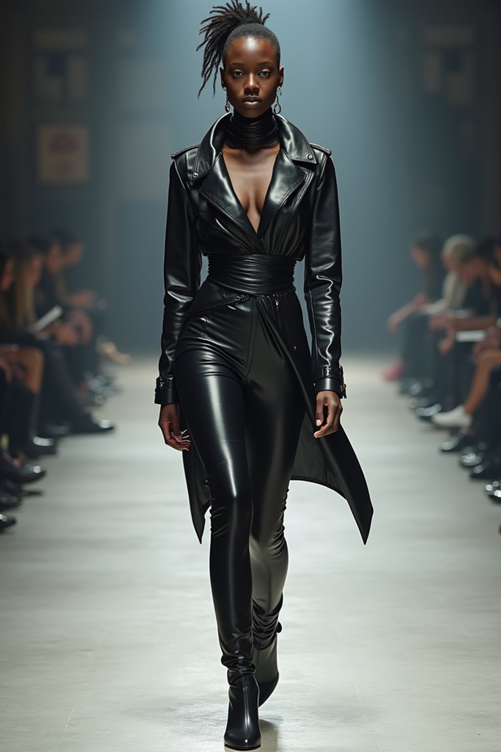 front view of woman walking on a fashion runway in an industrial space, showcasing a futuristic outfit with sharp lines