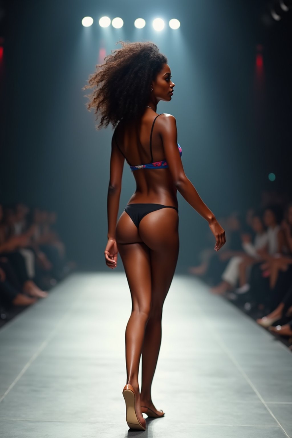 side view of woman striding confidently down a fashion runway in bikini, surrounded by flashing camera lights.