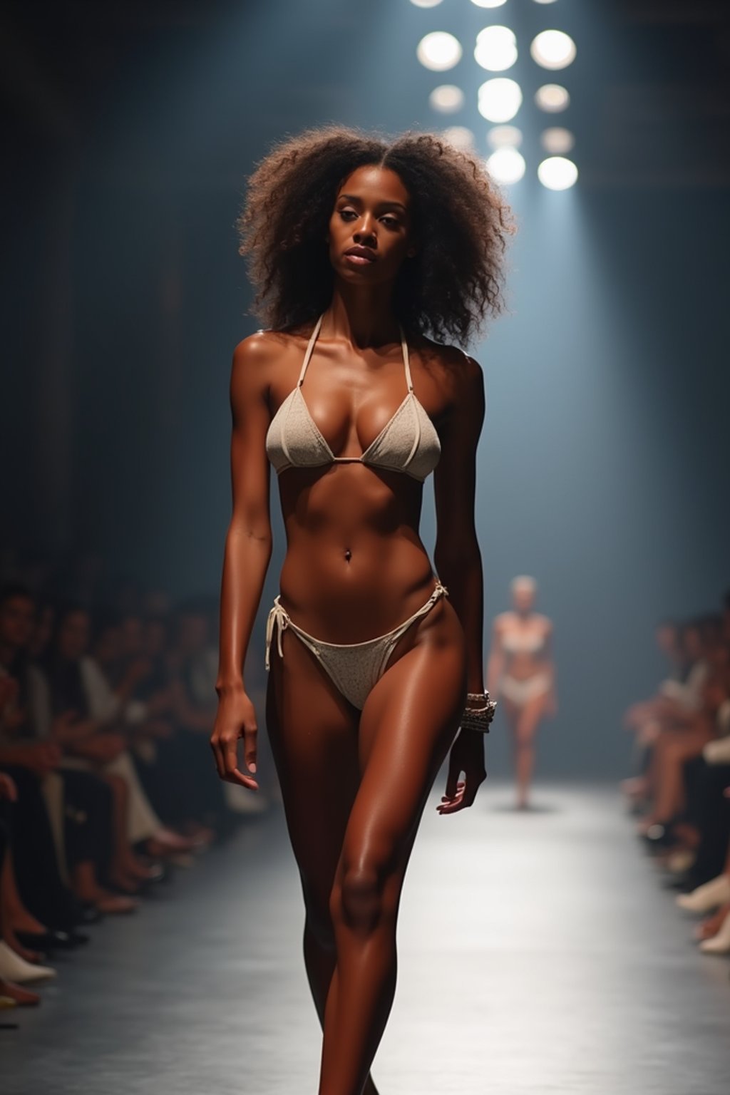 side view of woman striding confidently down a fashion runway in bikini, surrounded by flashing camera lights.