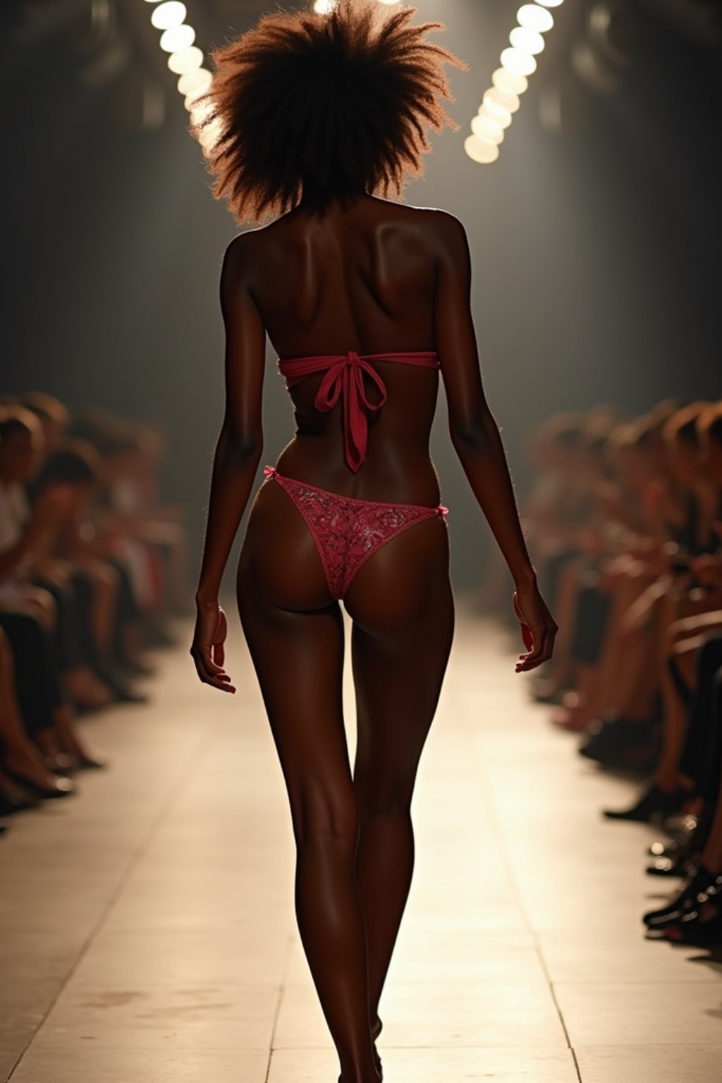 back view of woman striding confidently down a fashion runway in bikini, captured mid-twirl, surrounded by flashing camera lights.