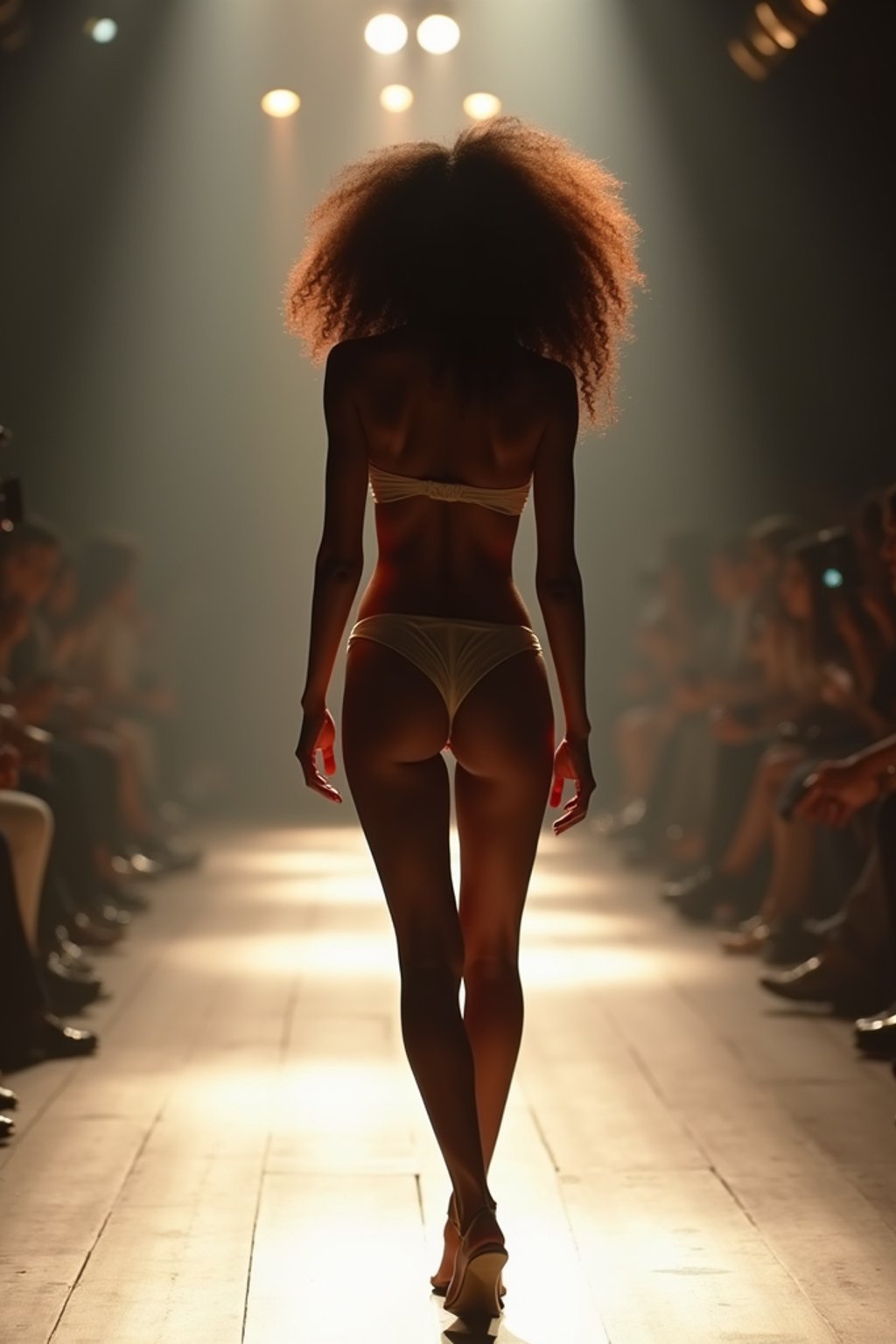 back view of woman striding confidently down a fashion runway in bikini, captured mid-twirl, surrounded by flashing camera lights.