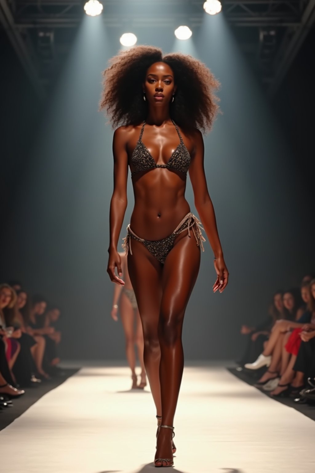 front view of woman striding confidently down a fashion runway in bikini, surrounded by flashing camera lights.