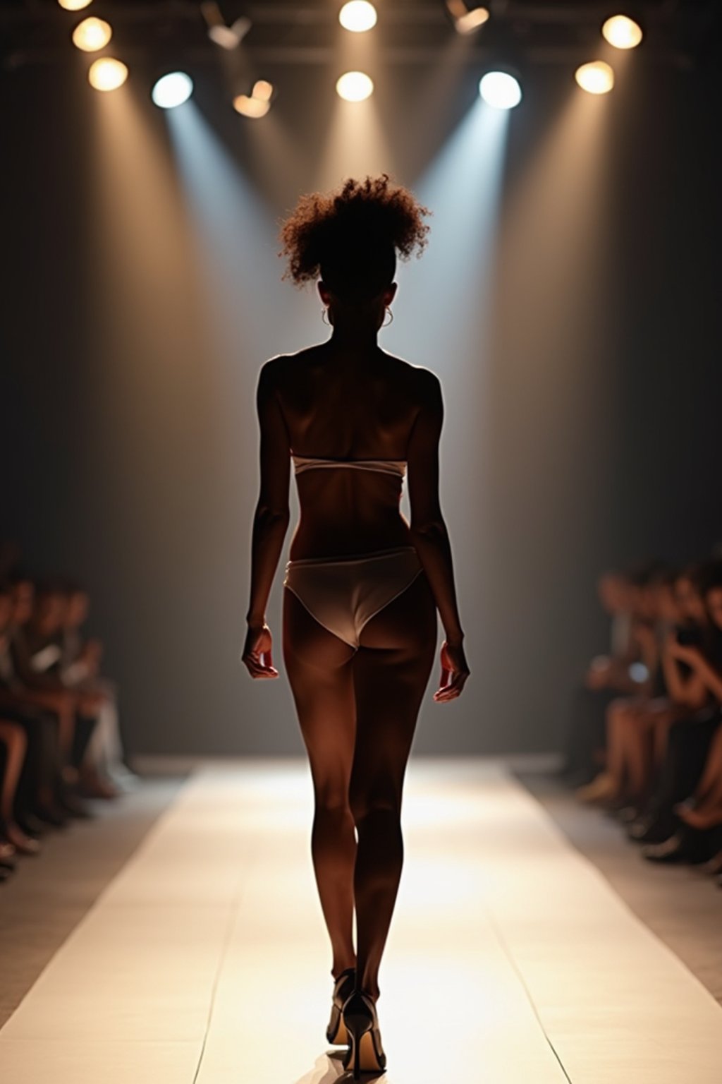 back view of woman striding confidently down a fashion runway, surrounded by flashing camera lights.