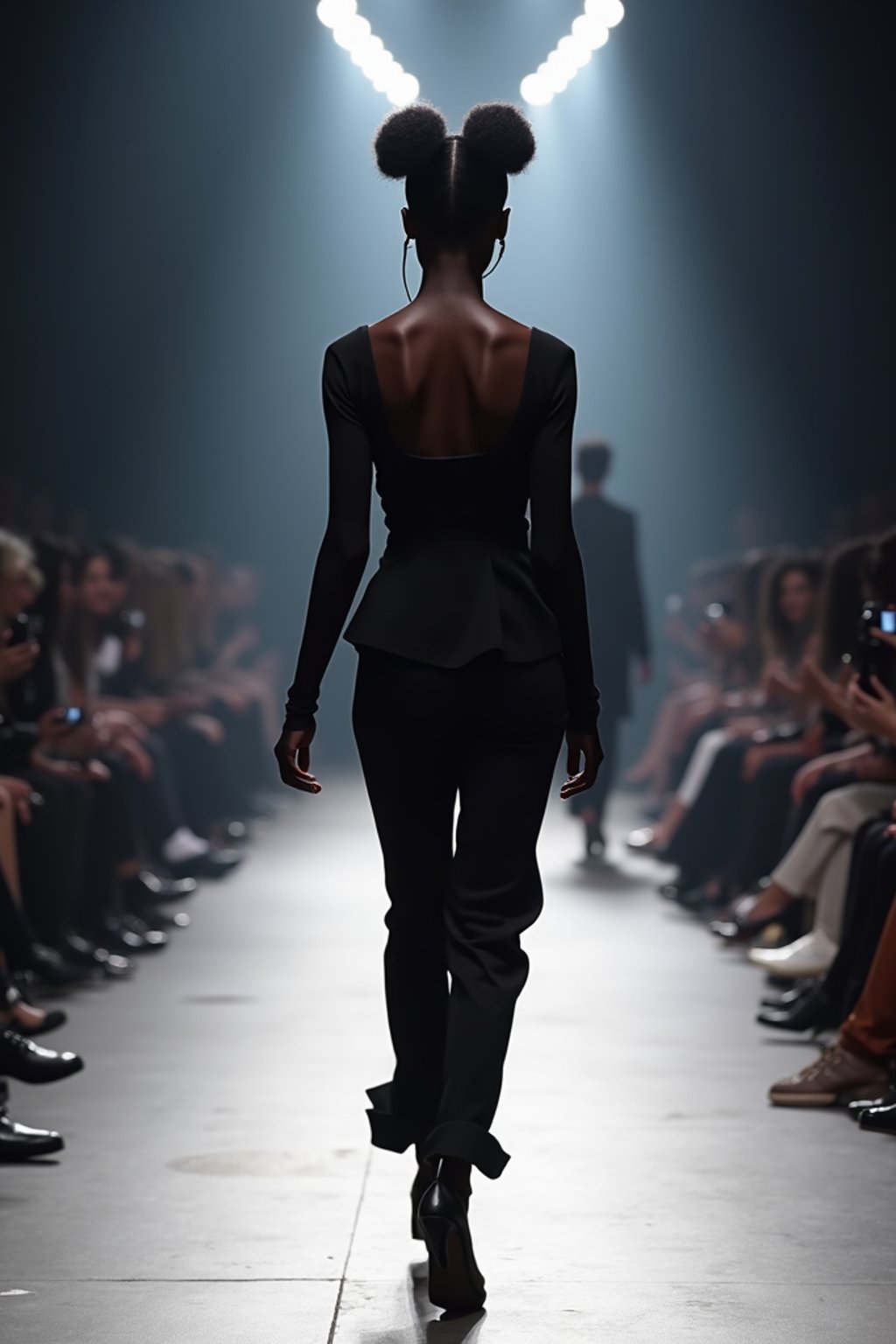 back view of woman striding confidently down a fashion runway, surrounded by flashing camera lights.