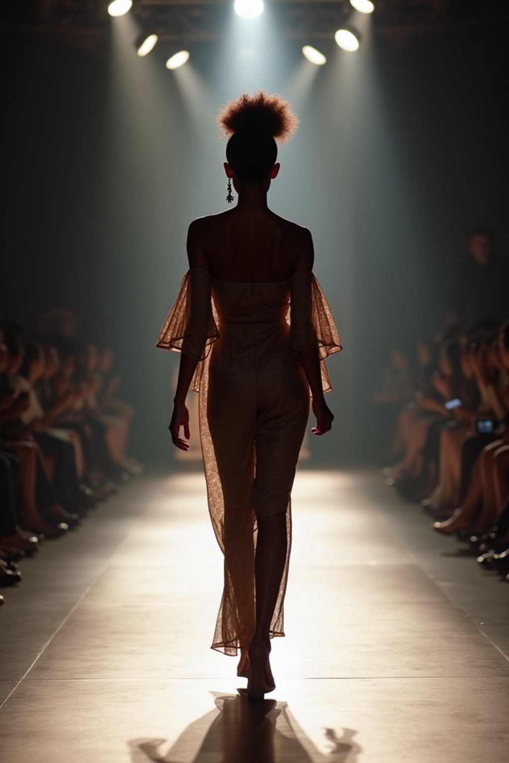 back view of woman striding confidently down a fashion runway, surrounded by flashing camera lights.