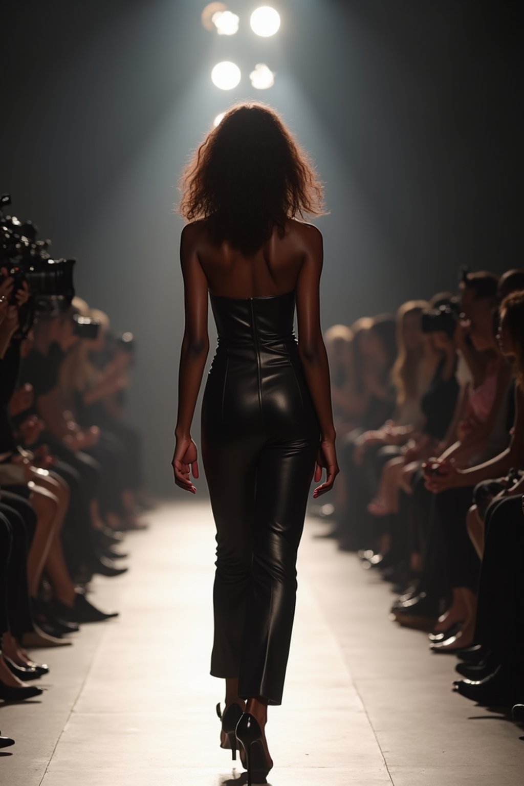 back view of woman striding confidently down a fashion runway, surrounded by flashing camera lights.