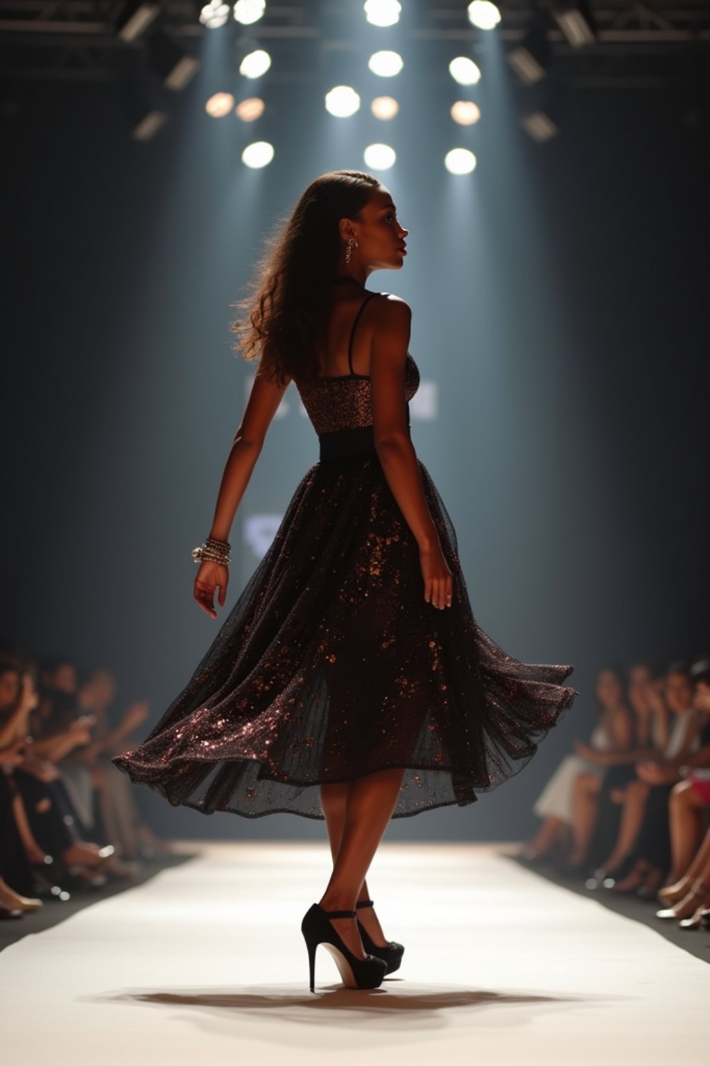 side view of woman striding confidently down a fashion runway, captured mid-twirl, surrounded by flashing camera lights.