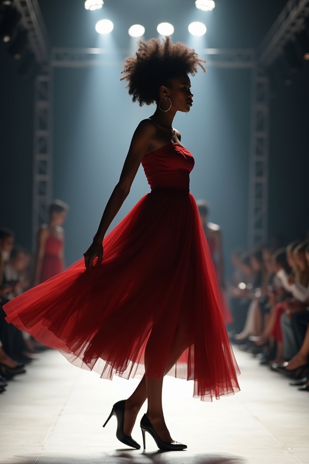 side view of woman striding confidently down a fashion runway, captured mid-twirl, surrounded by flashing camera lights.