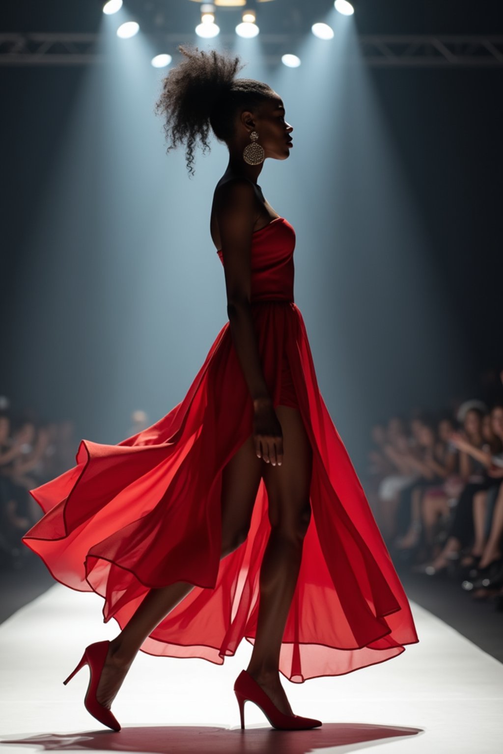 side view of woman striding confidently down a fashion runway, captured mid-twirl, surrounded by flashing camera lights.