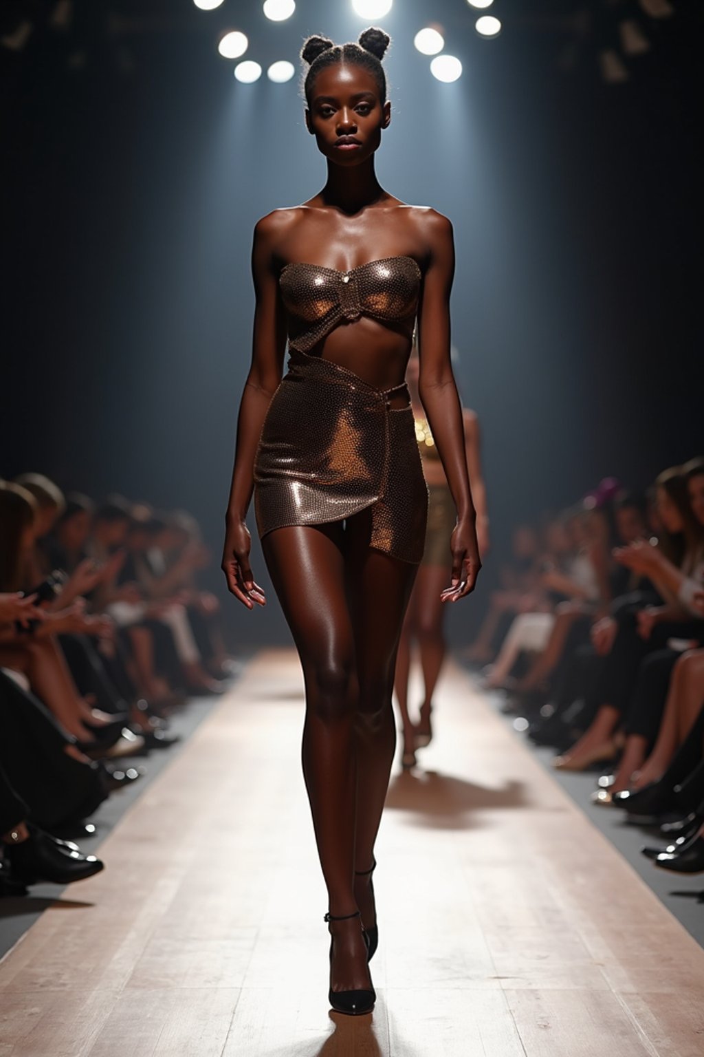 front view of woman striding confidently down a fashion runway, surrounded by flashing camera lights.