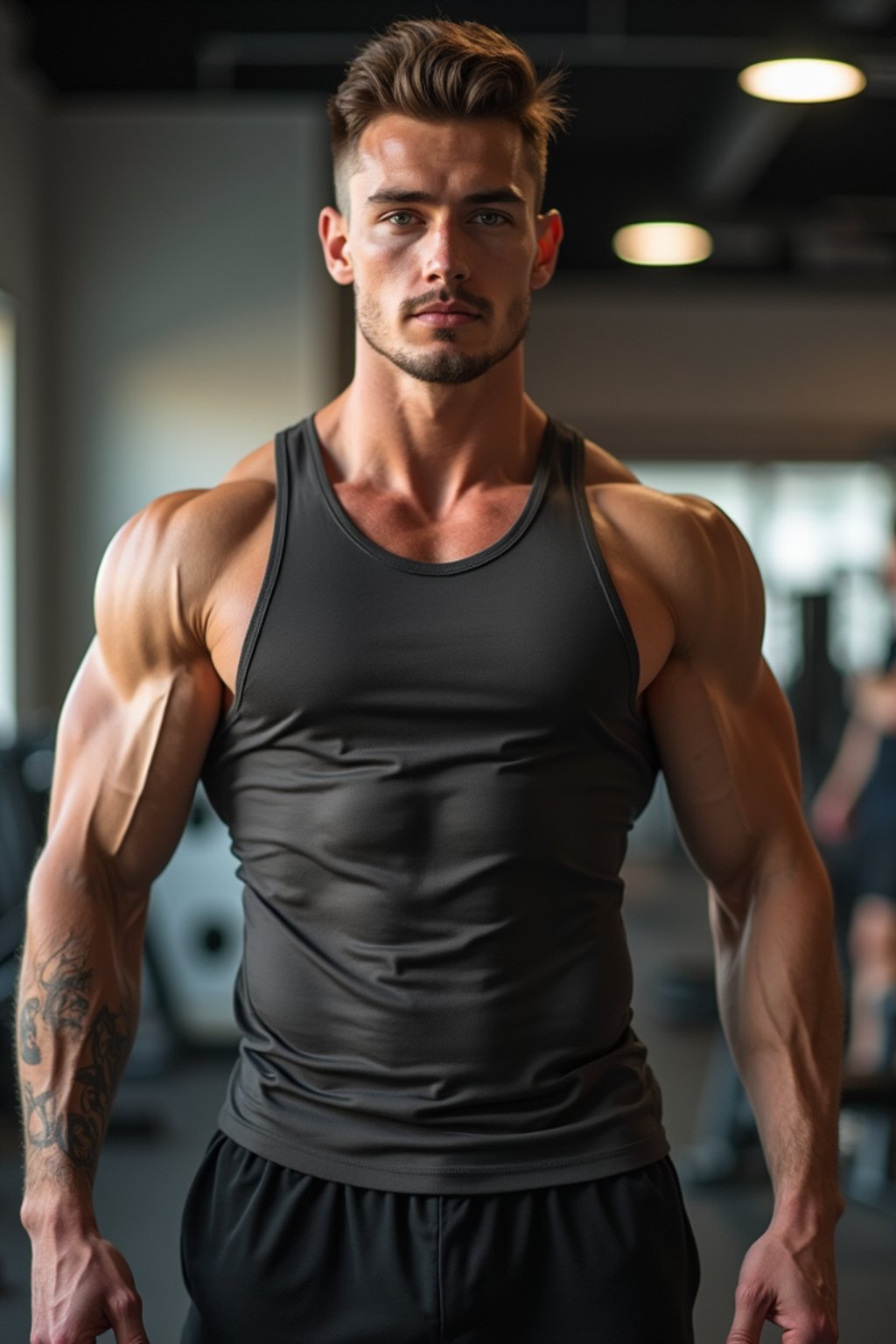 a fit man as fitness influencer wearing gym outfit in the bodybuilding gym