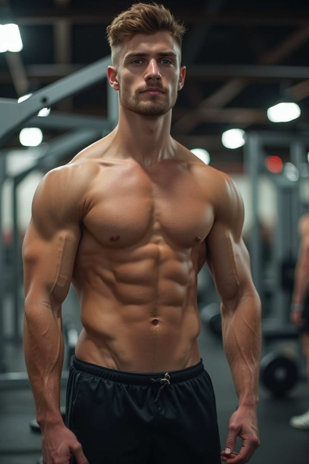 a fit man as fitness influencer wearing gym outfit in the bodybuilding gym