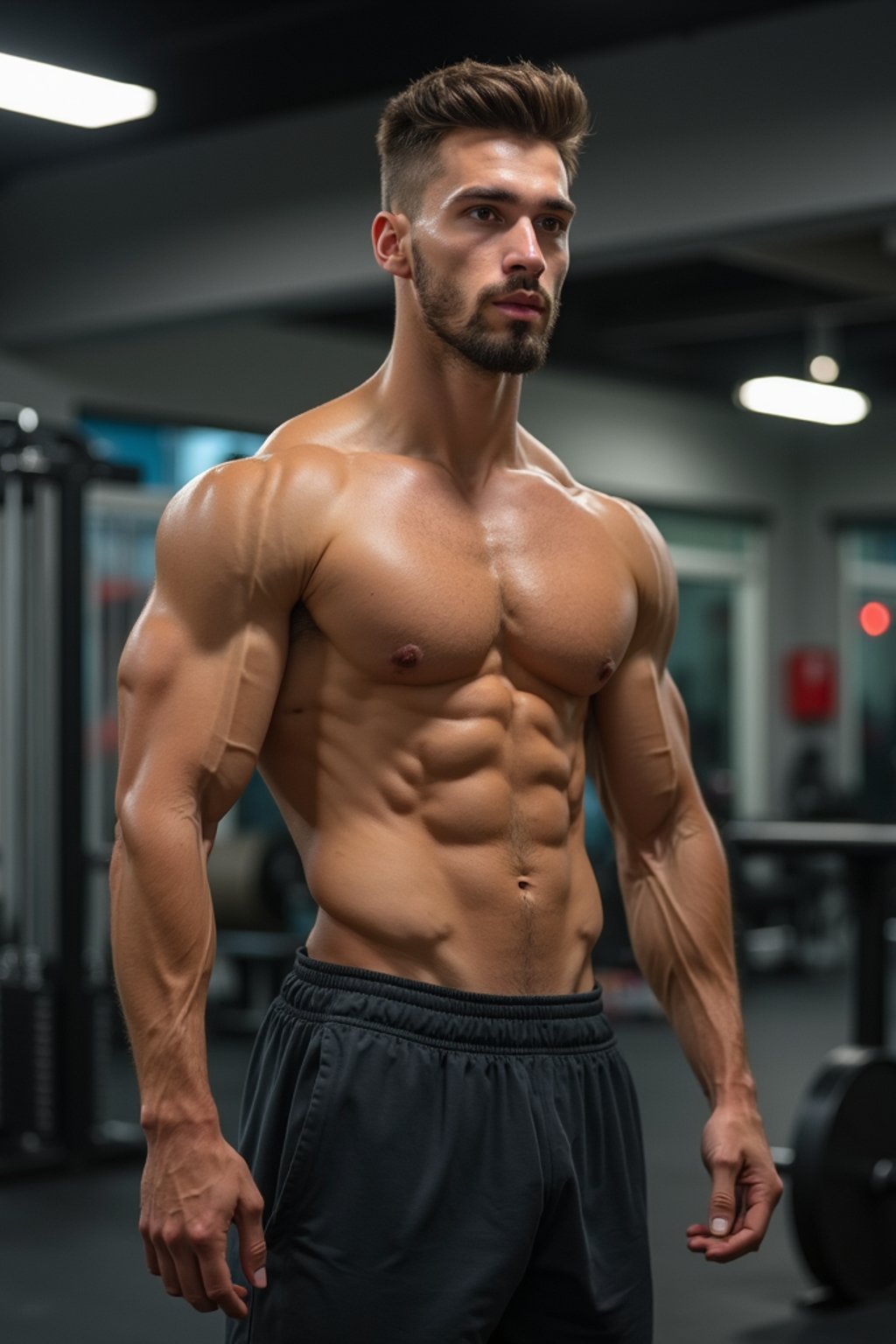 a fit man as fitness influencer wearing gym outfit in the bodybuilding gym