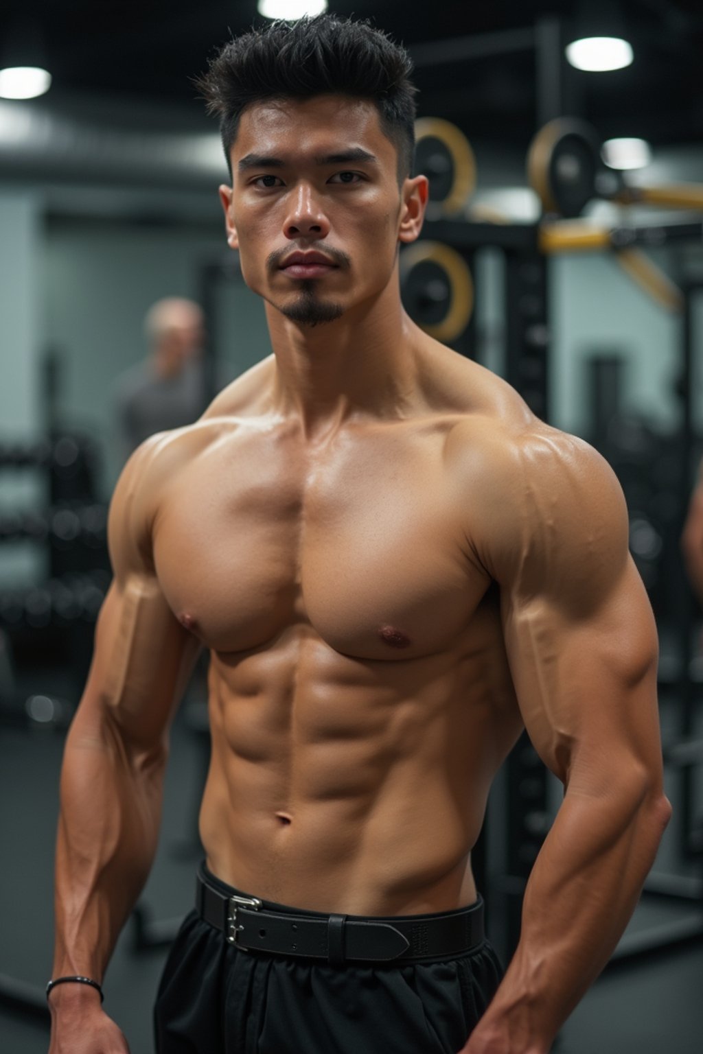 a fit man as fitness influencer wearing gym outfit in the bodybuilding gym