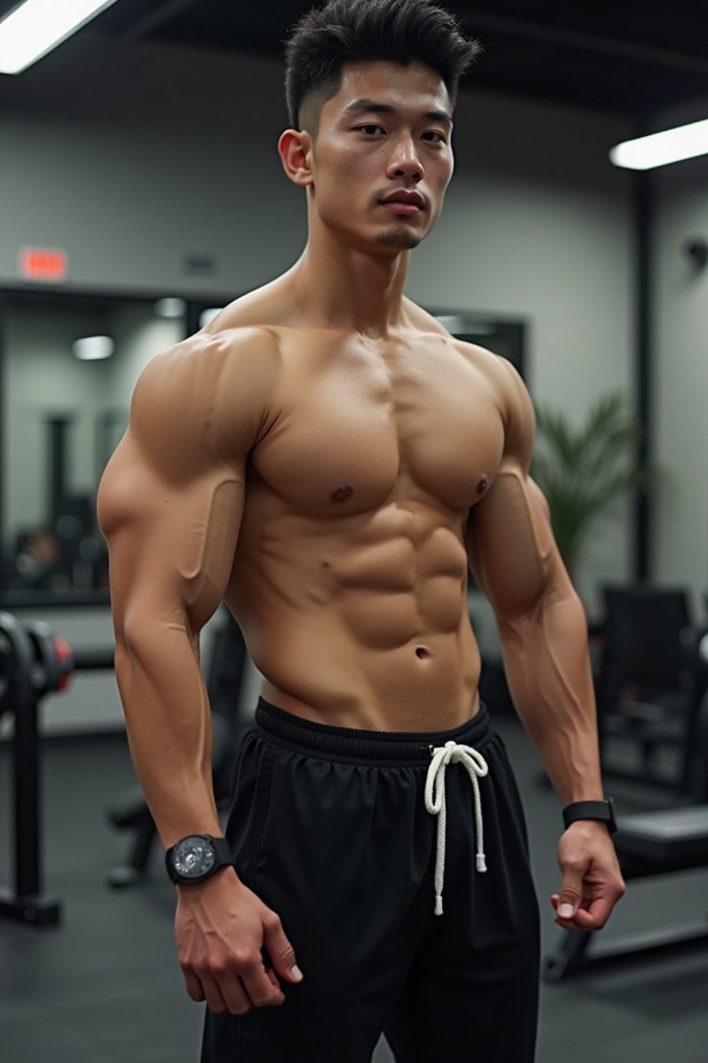 a fit man as fitness influencer wearing gym outfit in the bodybuilding gym