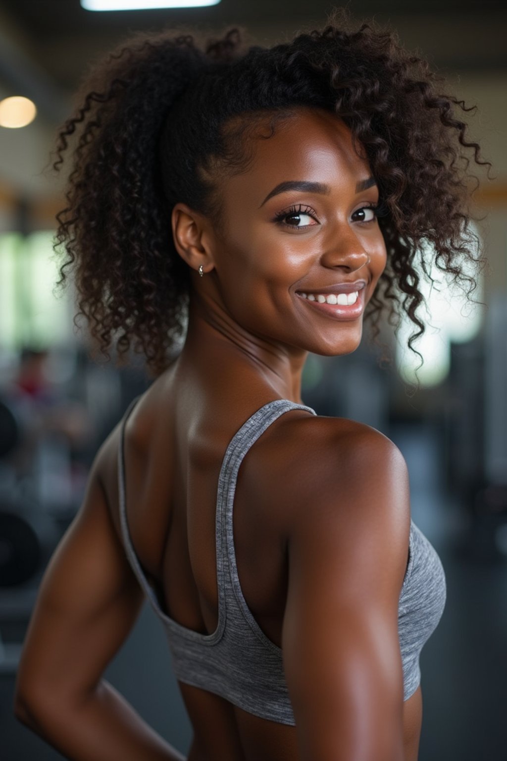 a fit woman as fitness influencer wearing gym outfit in the bodybuilding gym