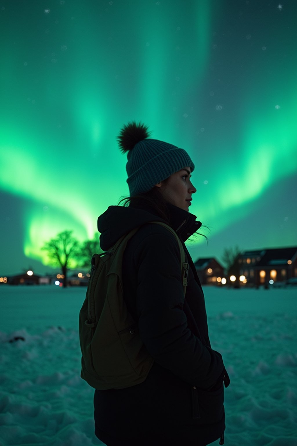 woman as digital nomad in Reykjavik with the Northern Lights in the background