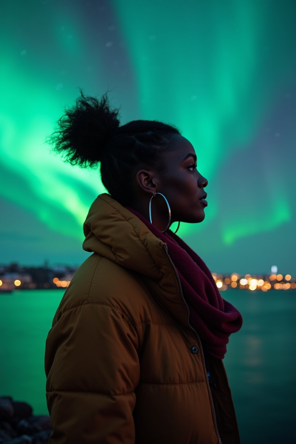 woman as digital nomad in Reykjavik with the Northern Lights in the background