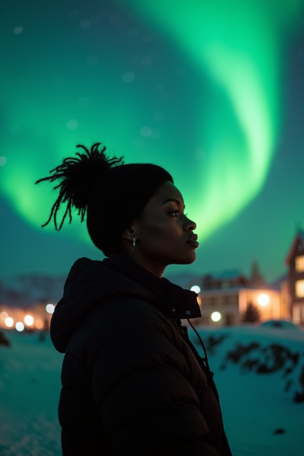 woman as digital nomad in Reykjavik with the Northern Lights in the background