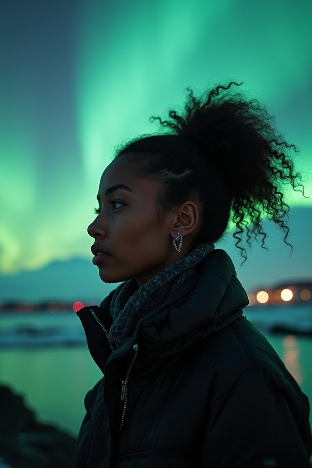 woman as digital nomad in Reykjavik with the Northern Lights in the background